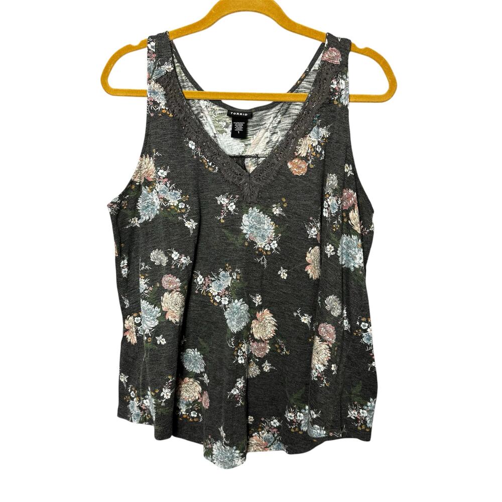 TORRID Gray Floral Sleeveless Lace Inset Split Back Tank‎ Women Size 1 (1x)